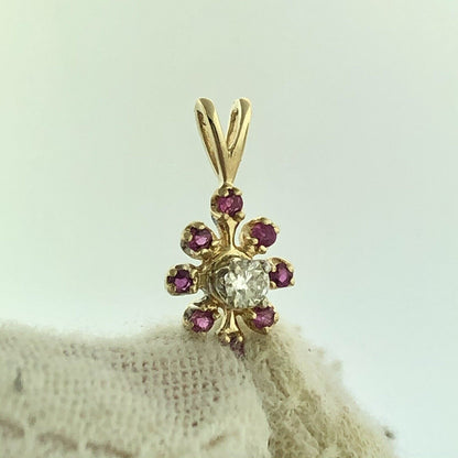 Vintage 14K Yellow Gold Ruby Diamond Floral Starburst July Anniversary Pendant