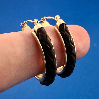 Jacmel JCM 14k Yellow Gold Braided Leather Rawhide Hoop Earrings