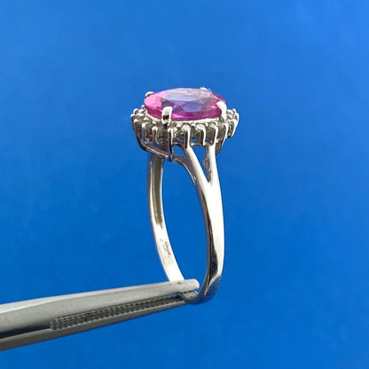 Designer 14K White Gold Oval Pink Sapphire Diamond Halo Custom Engagement Ring