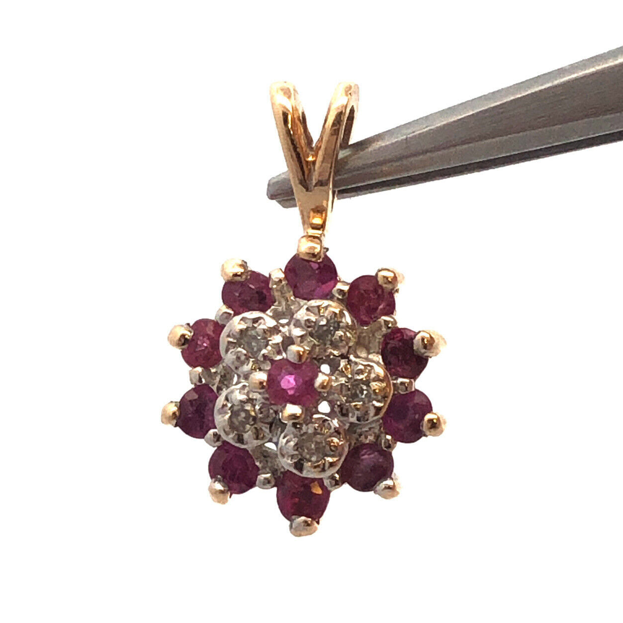 Vintage 14K Yellow Gold Round Ruby Diamond Cluster Flower Pendant