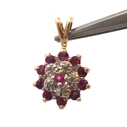 Vintage 14K Yellow Gold Round Ruby Diamond Cluster Flower Pendant