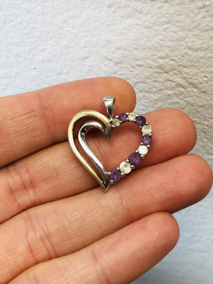10K Yellow Gold Sterling Silver 925 Amethyst White Topaz Heart Pendant S174