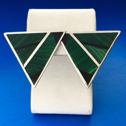 Vintage Sterling Silver 925 Modernist Malachite Onyx Statement Clip Earrings
