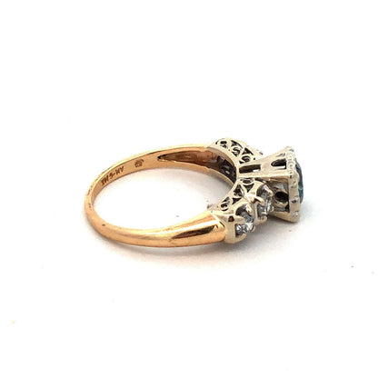 Vintage AM-G 14K Yellow White Gold  Blue Diamond White Accented Engagement Ring