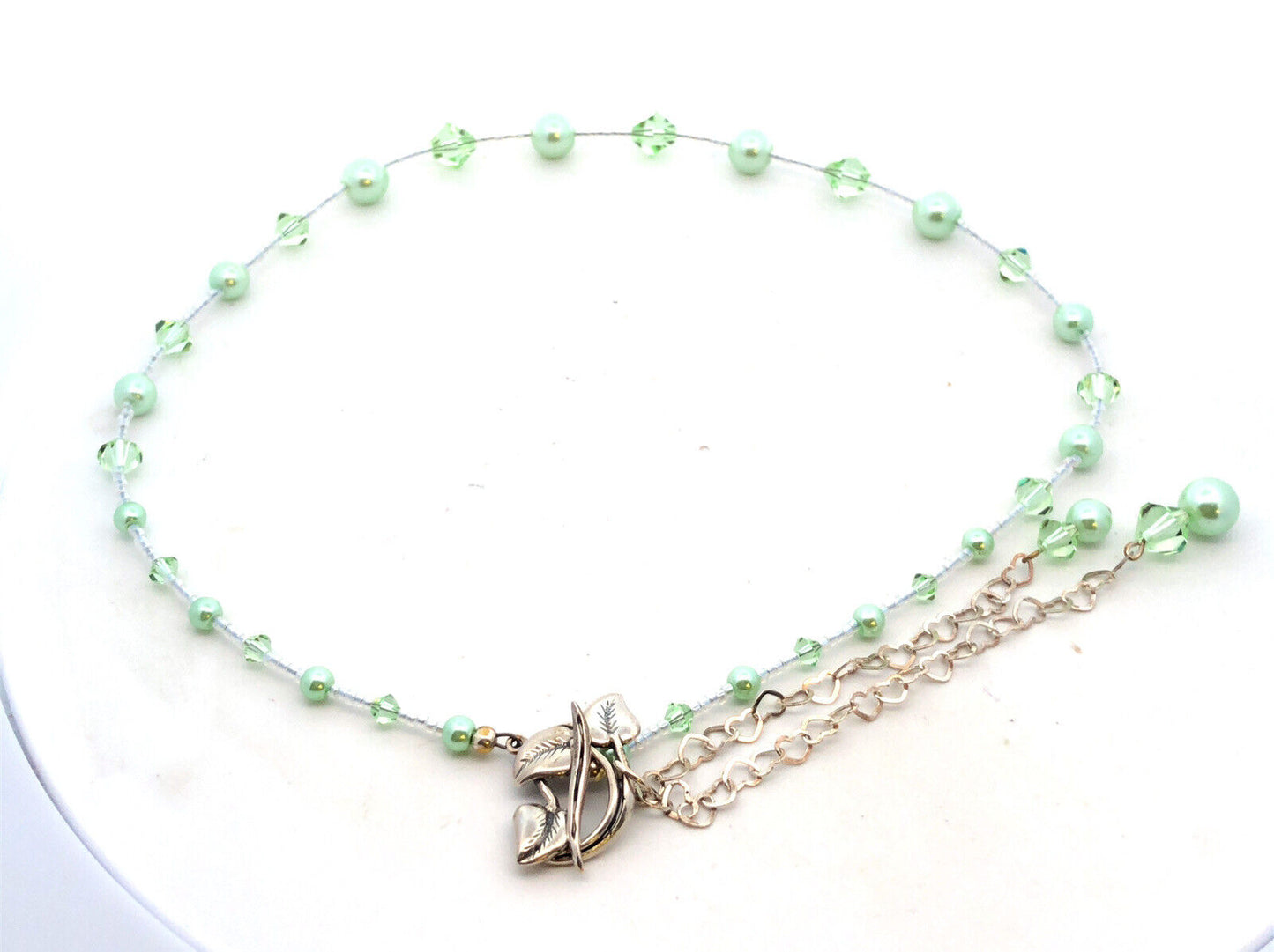 Vintage 925 Sterling Silver Green Crystal Faux Green Pearl Beaded Necklace