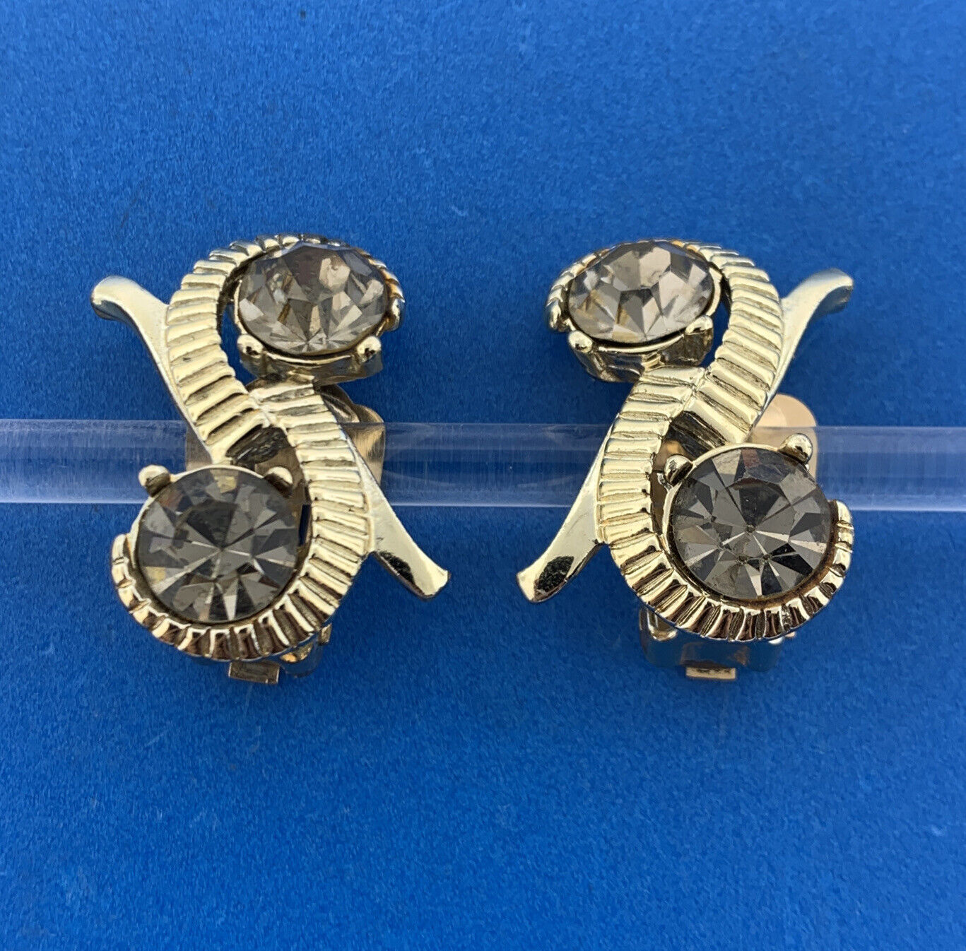Mid Century Kramer Modernist Gold Tone Topaz Rhinestone Statement Clip Earrings
