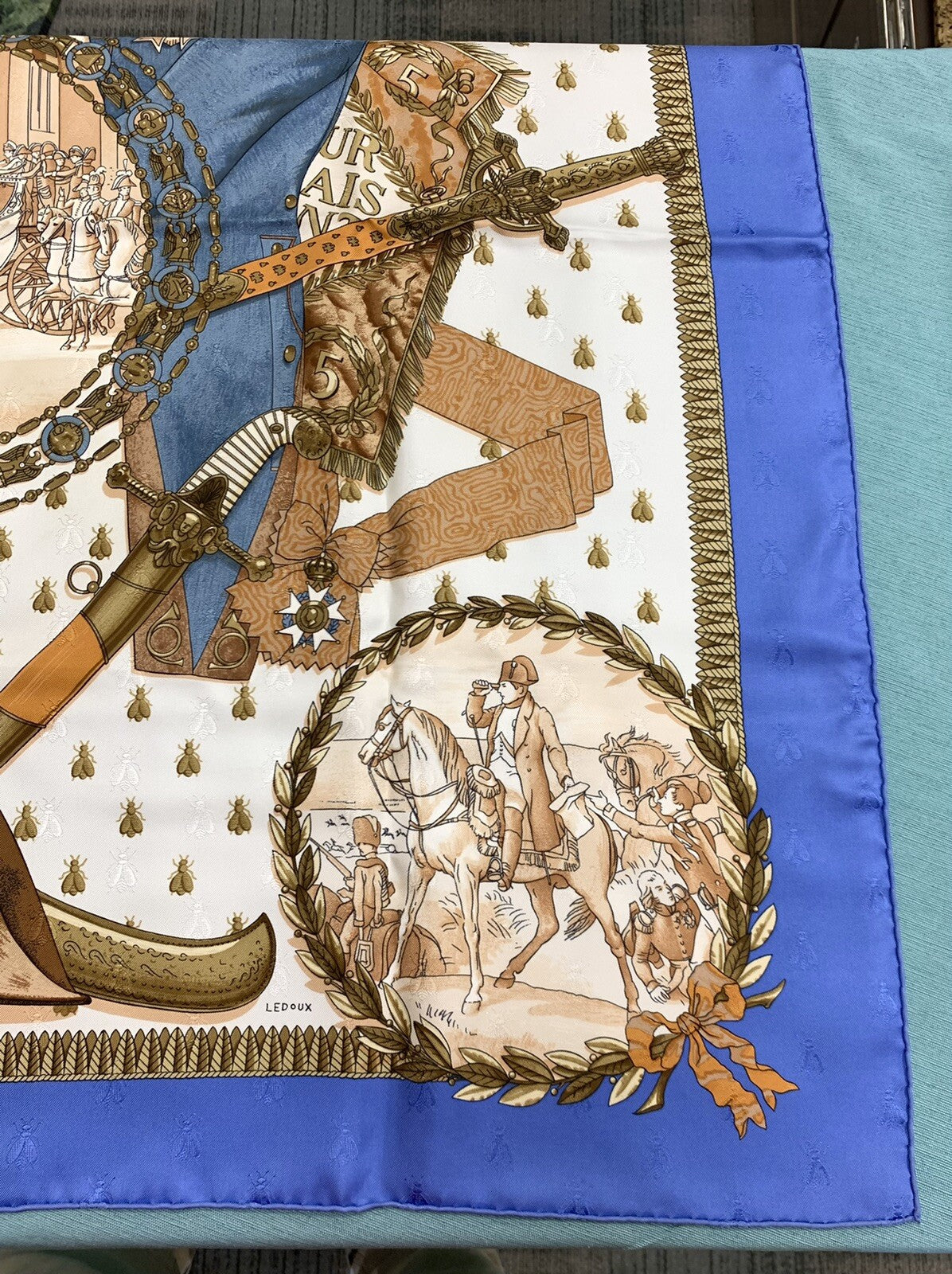 Hermes Carre 90 100% Silk Twill Napoleon Periwinkle Insect Bee Neckerchief Scarf