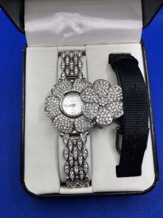 Suzanne Somers Pave Rhinestone Encrusted Flower Bracelet Hidden Watch NIB