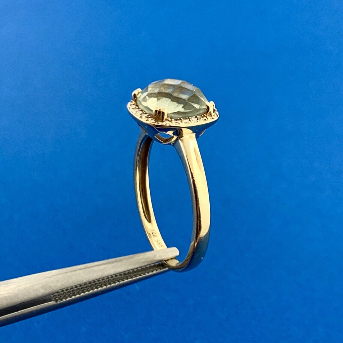14k Yellow Gold Faceted Cushion Green Tourmaline Diamond Accent Size 6.25 Ring
