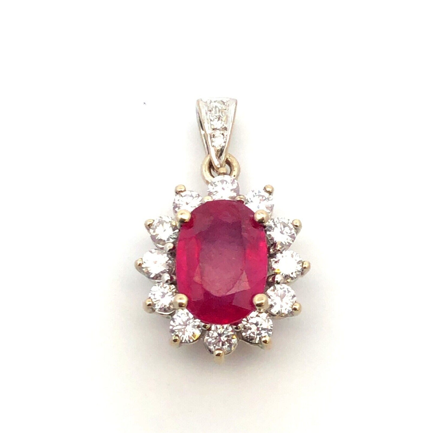 Estate 14K White Gold Oval Ruby Diamond Halo Pendant