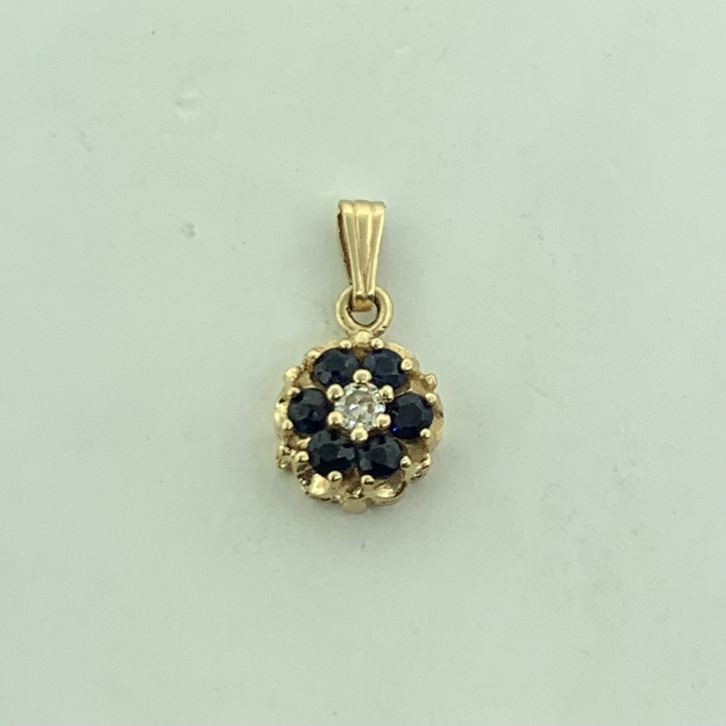 14K Yellow Gold Blue Sapphire Diamond Accented Floral Petite Charm Pendant