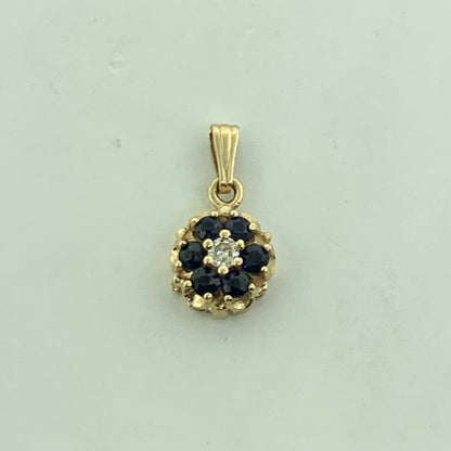 14K Yellow Gold Blue Sapphire Diamond Accented Floral Petite Charm Pendant