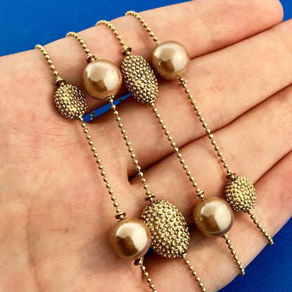 Retro Gold Tone Beaded Egg Oval Faux Bronze Pearl Station Beaded Chain Necklace