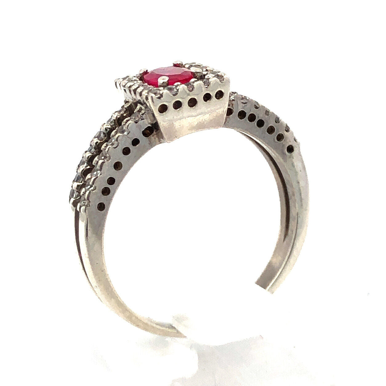 14K White Gold Lab Created Oval Ruby Round Pave Diamond Halo  Ring