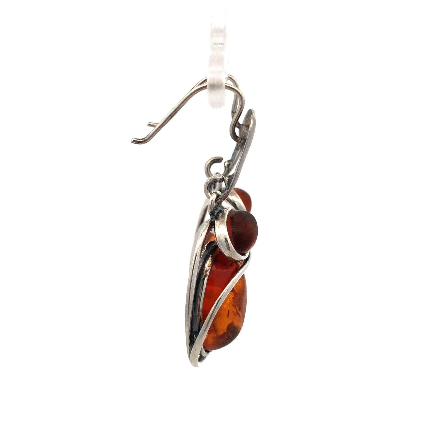 Estate Vintage 925 Sterling Silver Amber Cabochon Modernist Dangle Drop Earrings