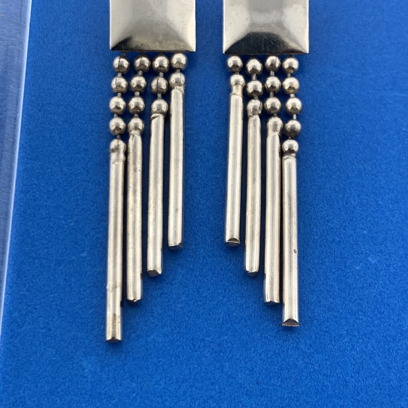 Stunning Silver Toned Metal Square Swinging Rods Stud Dangle Earrings
