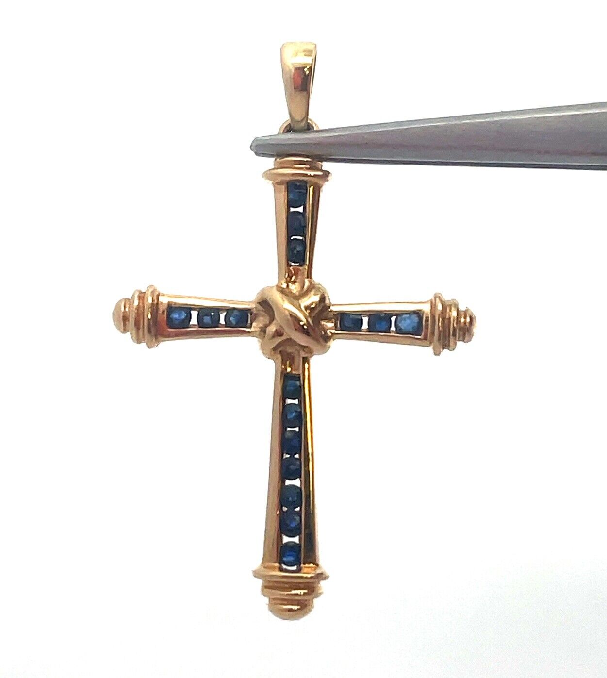Designer 14K Yellow Gold Blue Sapphire Religious Easter Statement Cross Pendant