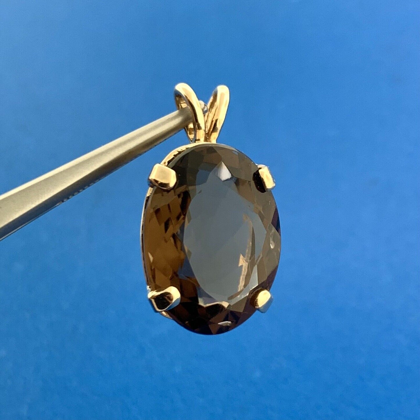 Gorgeous 14k Yellow Gold Oval Cut Large Smoky Quartz Pendant