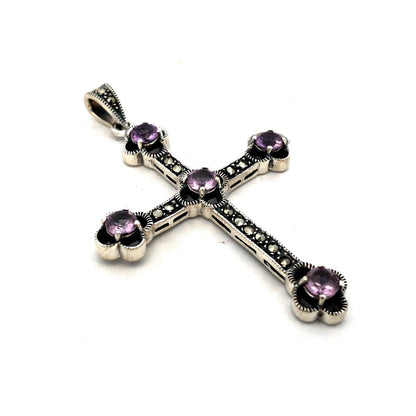 Vintage 925 Sterling Silver Round Amethyst Marcasite Statement Cross Pendant