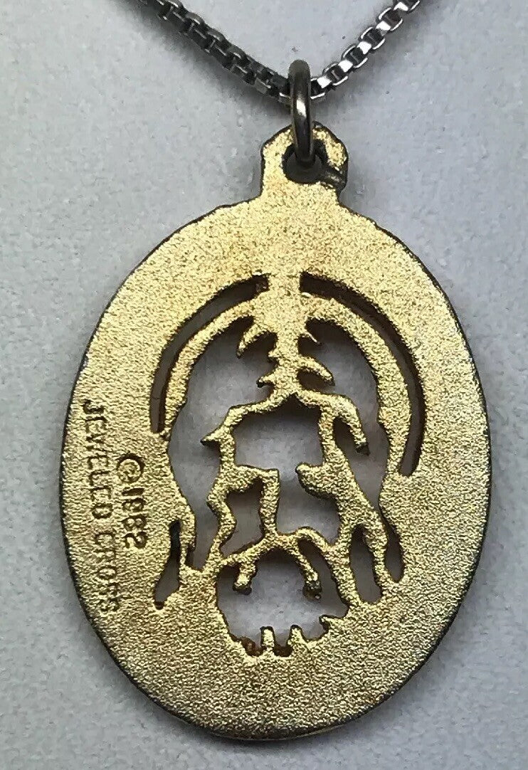 1982 Jeweled Cross Gold Toned Polished Florentine Jesus Face Cutout Disc Pendant