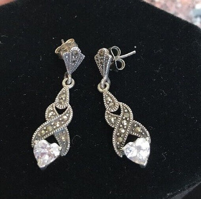 Sterling Silver 925 Marcasite Twist CZ Heart Drop Dangle Earrings