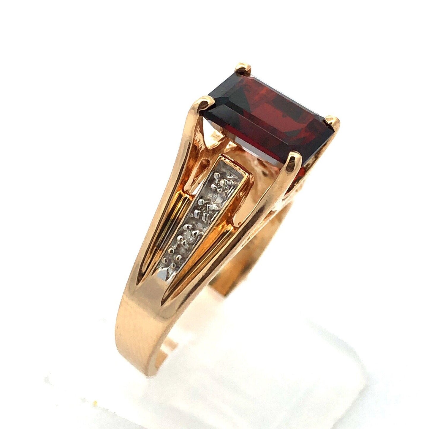 Designer 14K Yellow Gold Emerald Cut Garnet Round Diamond Accent Cocktail Ring