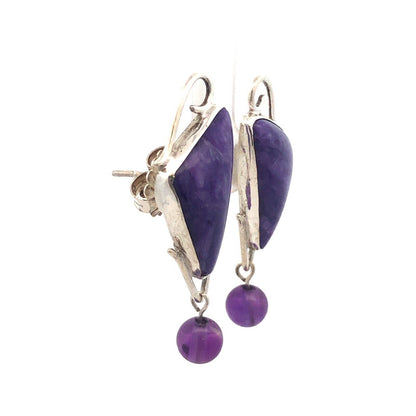 Vintage 925 Sterling Silver Triangle Charoite Amethyst Statement Stud Earrings