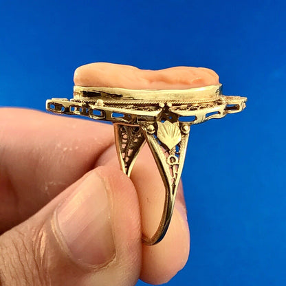 Victorian 14K Yellow Gold Carved Pink Cameo Filigree Statement Finger Ring