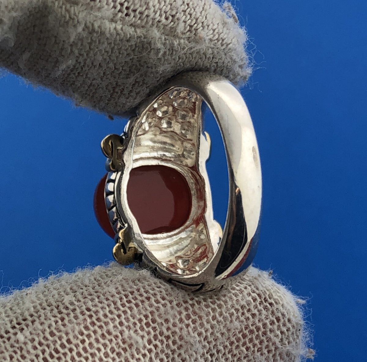 NF Sterling Silver 925 Gold Vermeil Red Carnelian Snakeskin Design Cocktail Ring