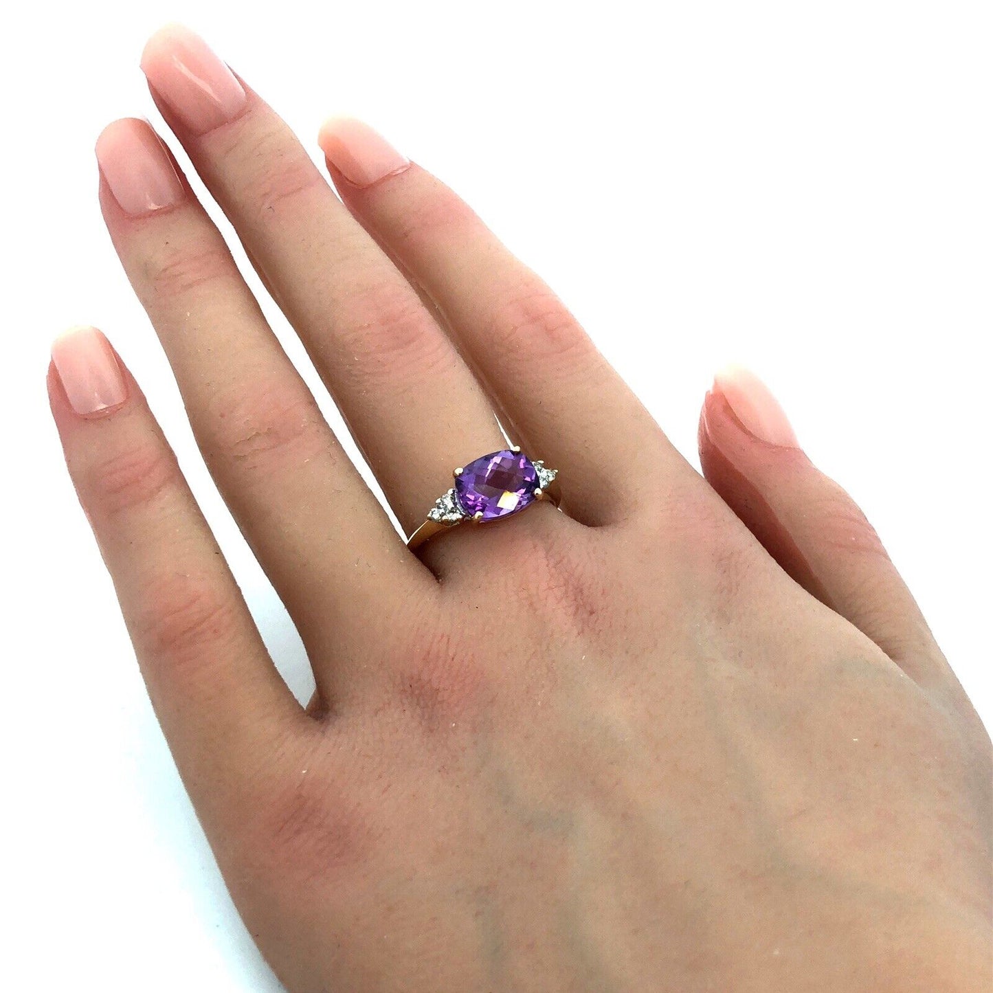 Designer AV 14K Yellow Gold Cushion Cut Purple Amethyst Solitaire Diamond Ring