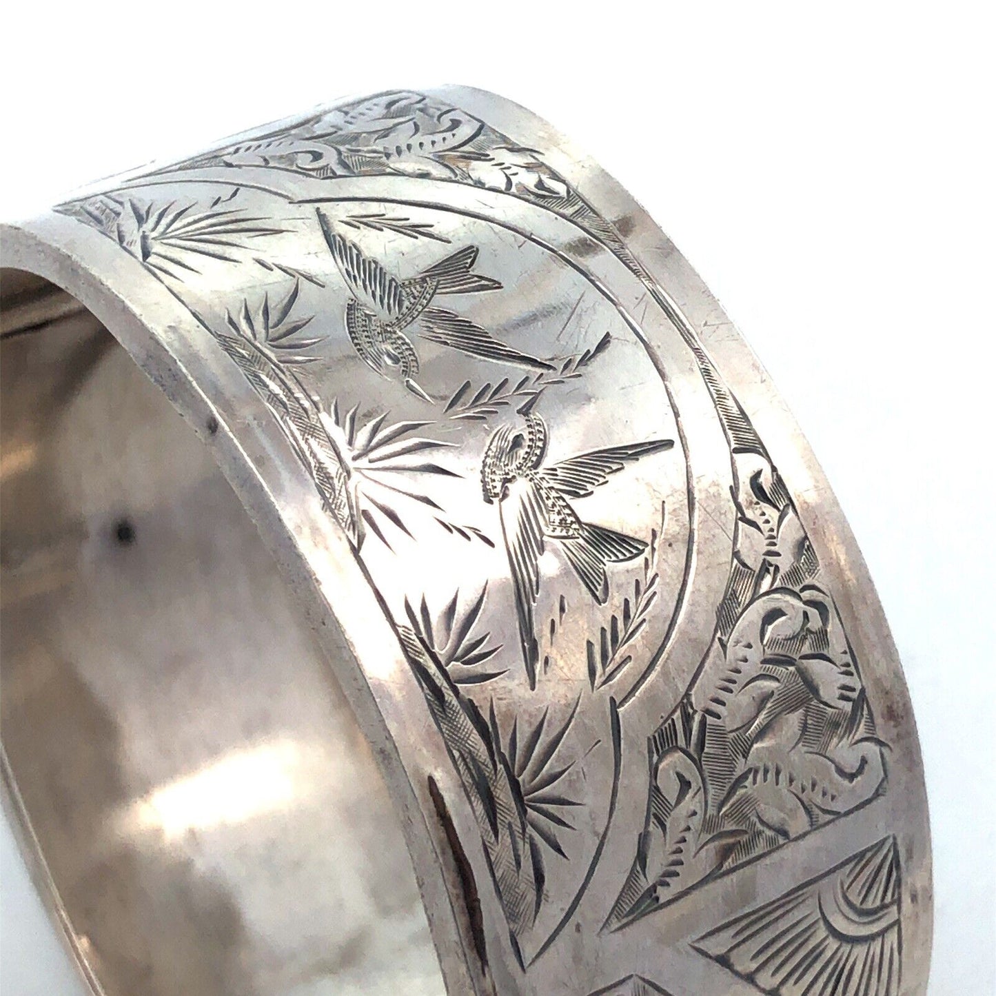 Vintage 925 Sterling Silver Wide Bird Nature Detail Hinged Cuff Bracelet