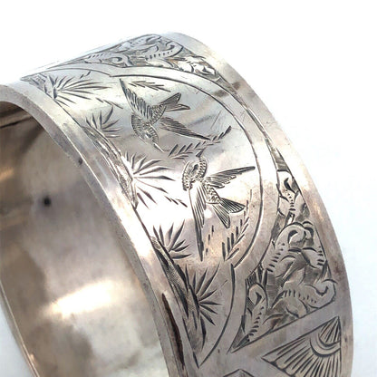 Vintage 925 Sterling Silver Wide Bird Nature Detail Hinged Cuff Bracelet
