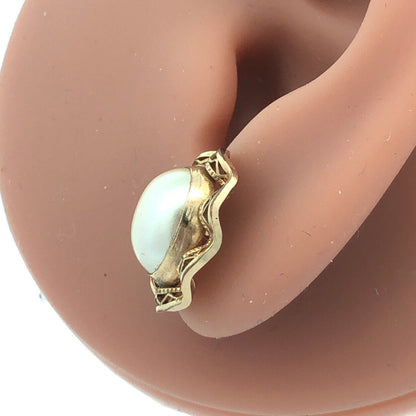 Estate 14K Yellow Gold Filled Oval Pearl Filigree Halo Birds Nest Stud Earrings
