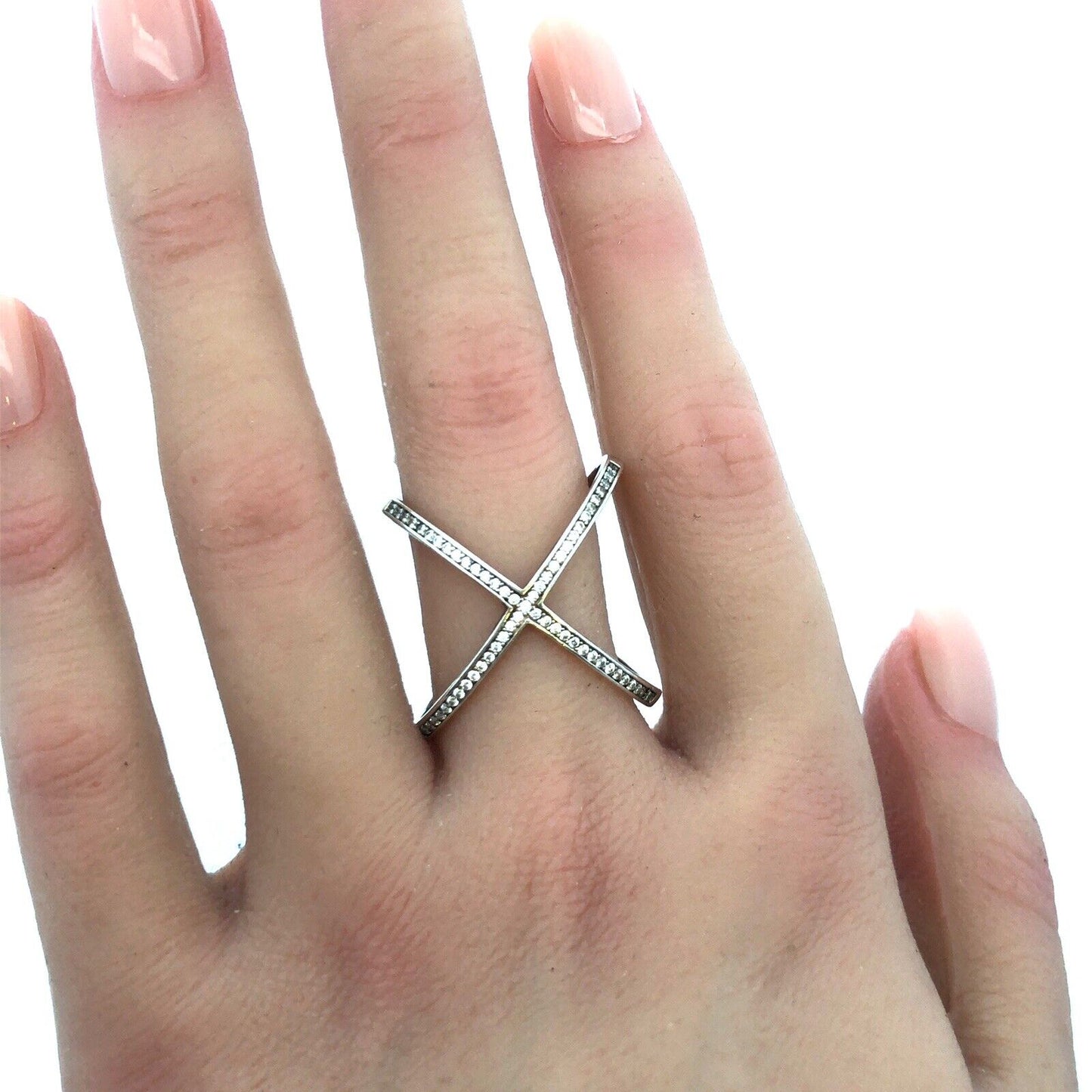 Designer 925 Sterling Silver Cubic Zirconia Criss Cross X Statement Ring