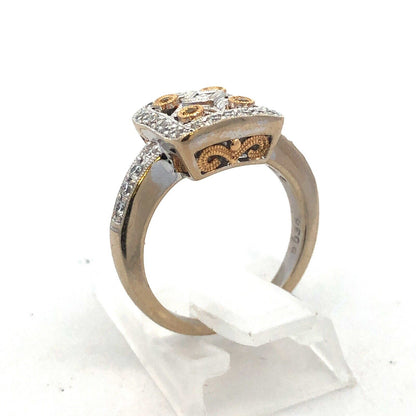14K White Gold QJM Filigree Yellow White Diamonds Art Deco Style Statement Ring