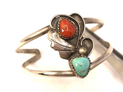 Old Pawn 925 Sterling Silver Squash Blossom Turquoise & Coral Open Cuff Bracelet
