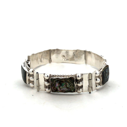 Vintage Taxco 925 Sterling Silver Abalone Rectangle Cabochon Panel Bracelet