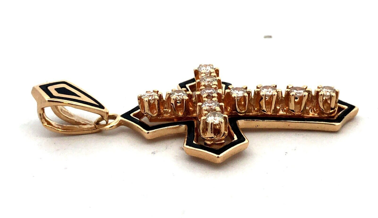 Estate 14K Yellow Gold Round Diamond Black Enamel Statement Cross Pendant