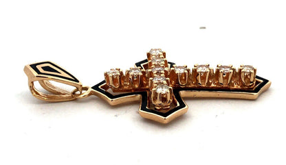 Estate 14K Yellow Gold Round Diamond Black Enamel Statement Cross Pendant
