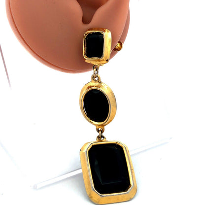 Vintage Runway Gold Tone Black Faceted Glass Statement Dangle Clip Earrings