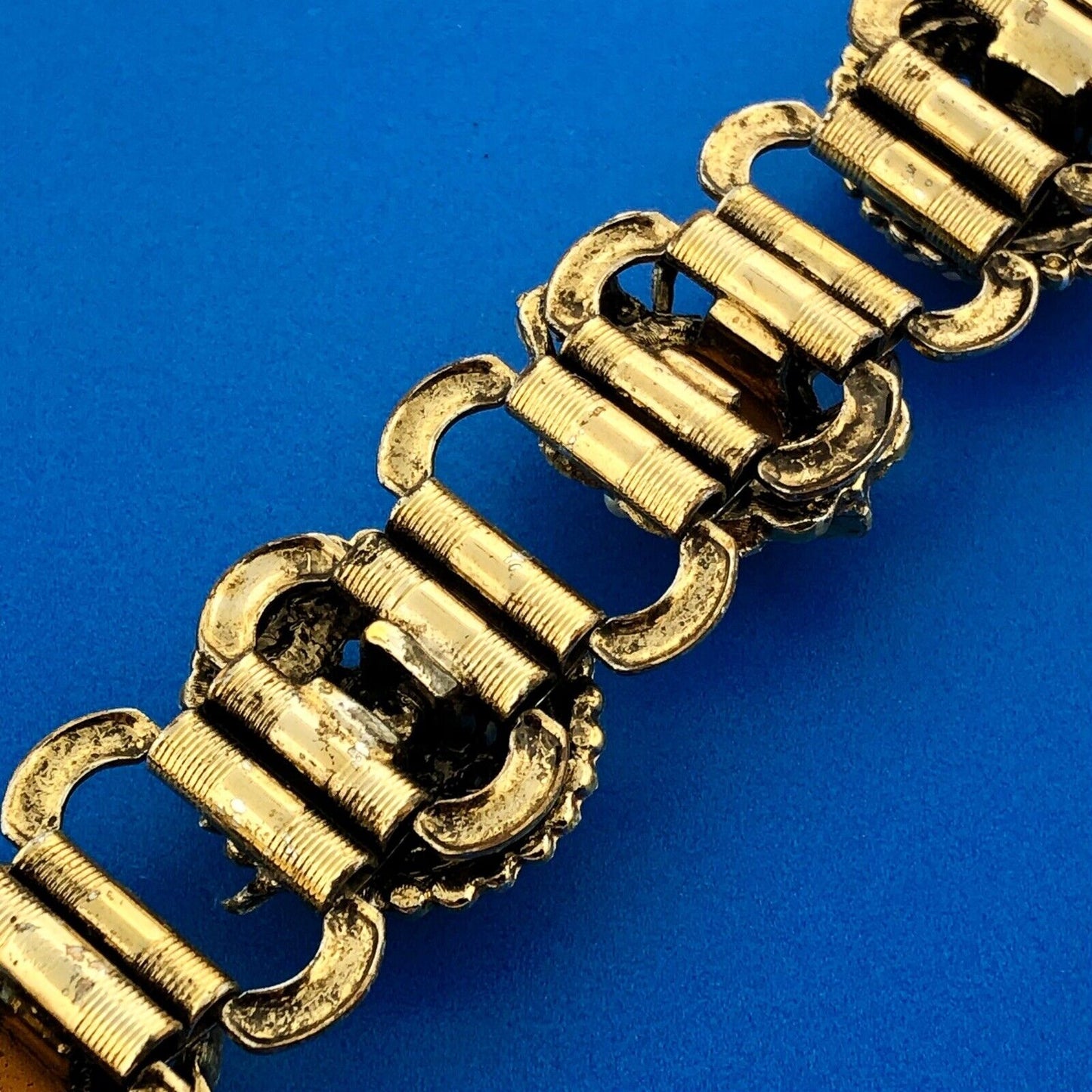 Vintage Gold Tone Seed Pearl Amber Glass Black Enamel Statement Panel Bracelet