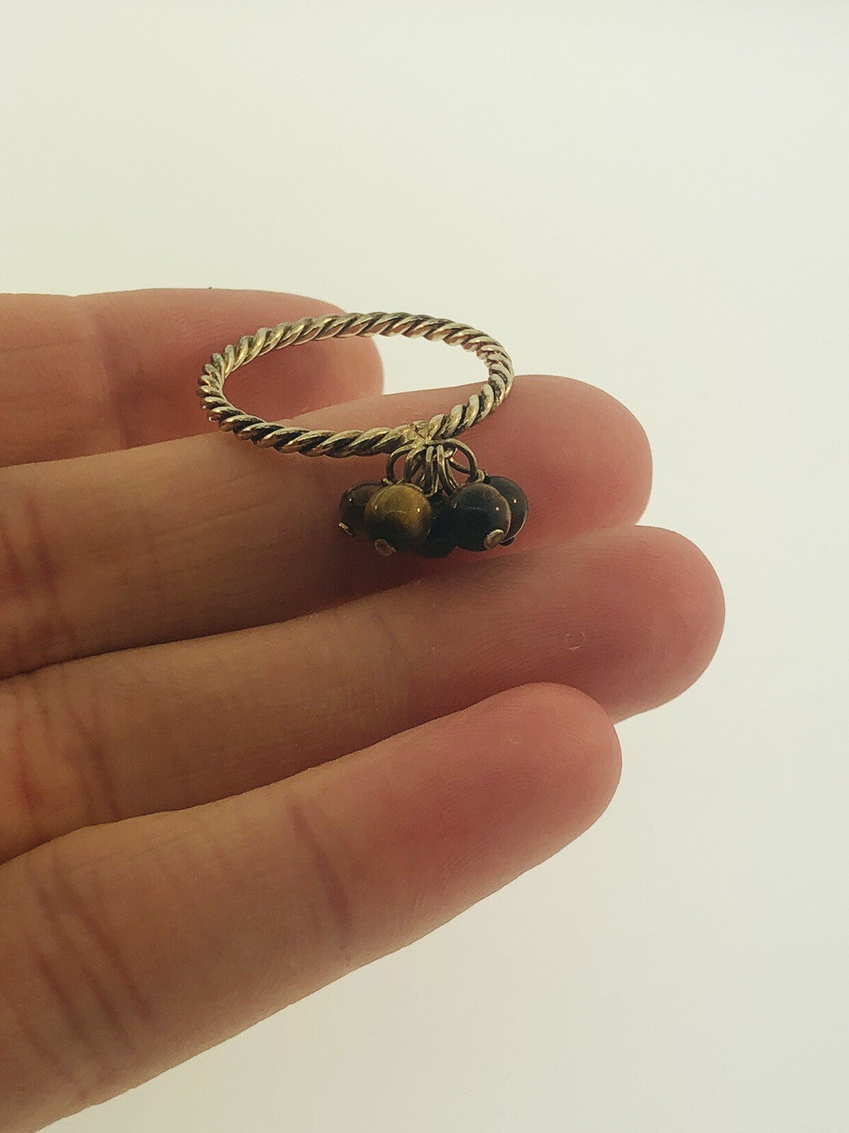 Vintage Sterling Silver 925 Brown Tigers Eye Bead Ball Dangle Cocktail Ring