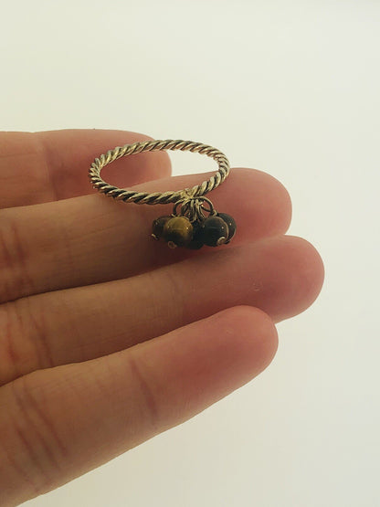 Vintage Sterling Silver 925 Brown Tigers Eye Bead Ball Dangle Cocktail Ring