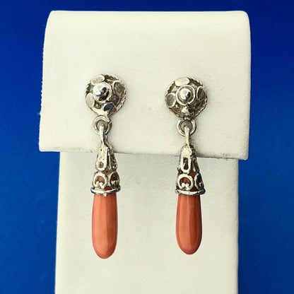 Stunning Sterling Silver 925 Cabochon Elongated Coral Dangle Earrings