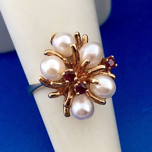 Vintage 14k Yellow Gold Ruby Pearl Cluster Modernist Free Form Cocktail Ring