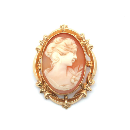 Vintage Designer 14K Yellow Gold Oval Carved Cameo Pendant Brooch