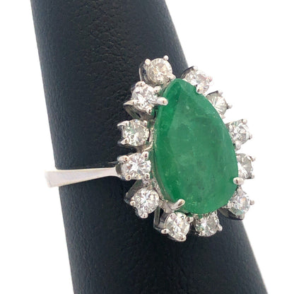 Vintage 18K White Gold Pear Natural Emerald Diamond Halo May Cocktail Ring