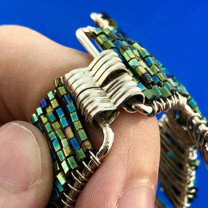 Artisan Silver Tone Iridescent Cylinder Bead Wire Wrapped Cross Toggle Bracelet