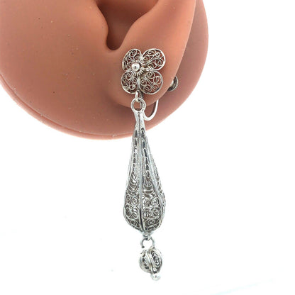 Vintage 925 Sterling Silver Intricate Filigree Floral Dangle Screw Back Earrings