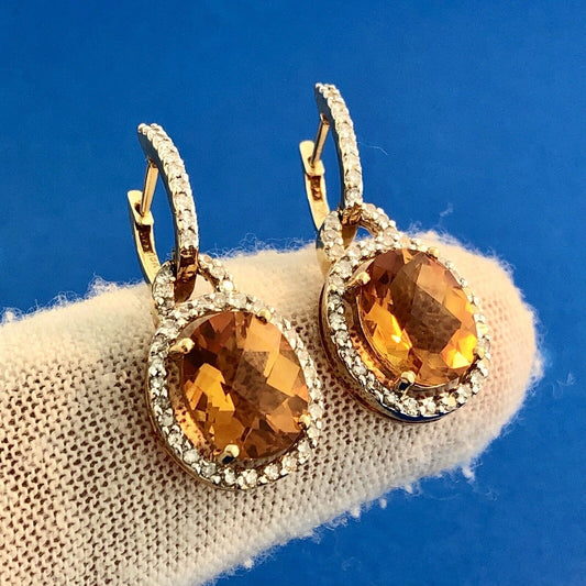 Estate KA 18K Yellow Gold Oval Citrine Diamond November Anniversary Earrings